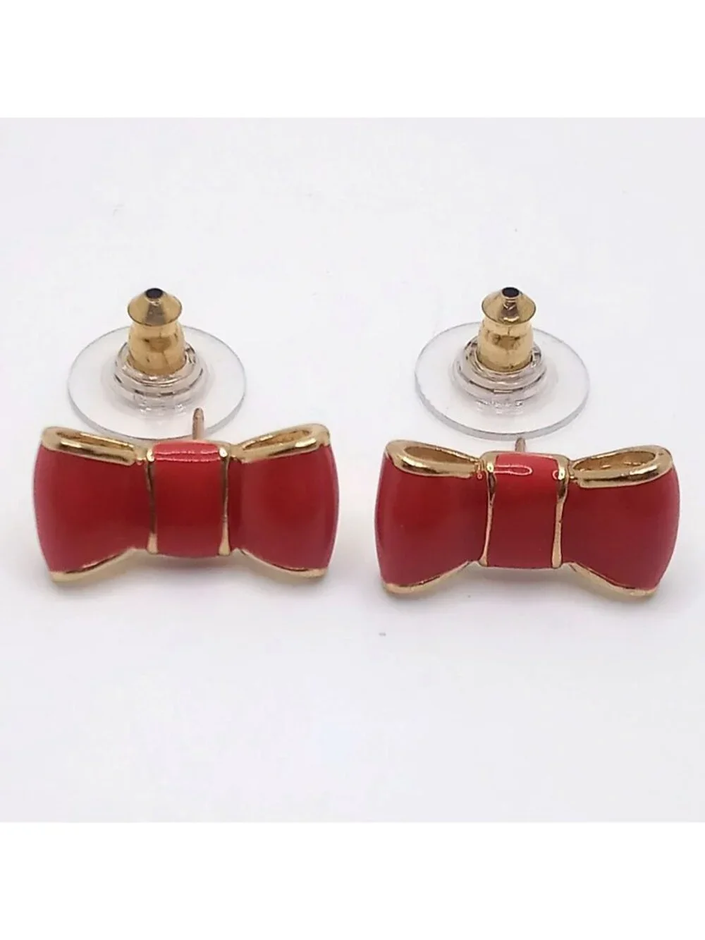 Kate Spade Red Bow Stud Pierced Earrings Gold Tone Accents Designer Jewelry